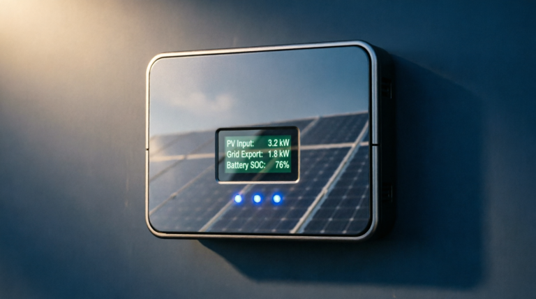 Inversor solar híbrido Deye 5kW com display digital mostrando PV Input 3.2kW, Grid Export 1.8kW e Battery SOC 76%