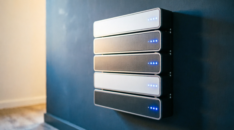 Banco de baterias de lítio LiFePO4 montado em parede com indicadores LED azuis